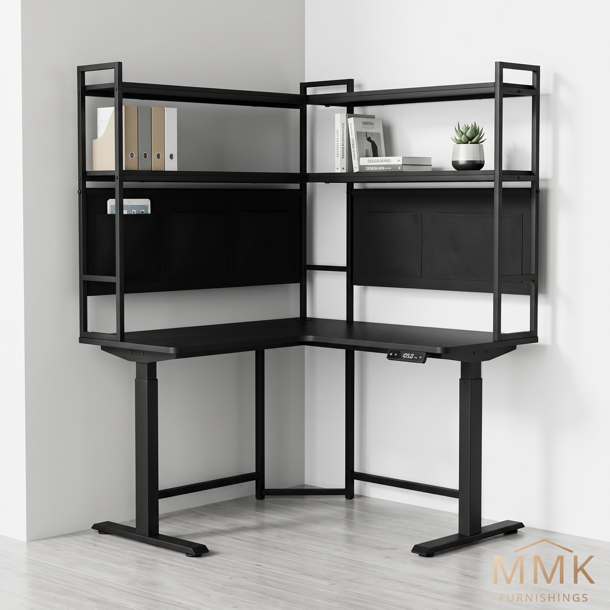 Sleek All-Black L-Shaped Electric Sit-Stand Corner Desk with Integrated Shelves & Storage Main image