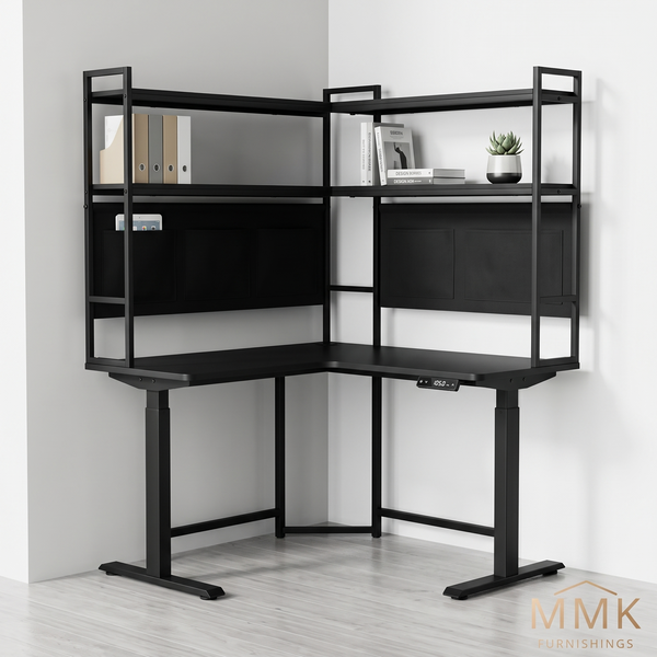 Sleek All-Black L-Shaped Electric Sit-Stand Corner Desk with Integrated Shelves & Storage