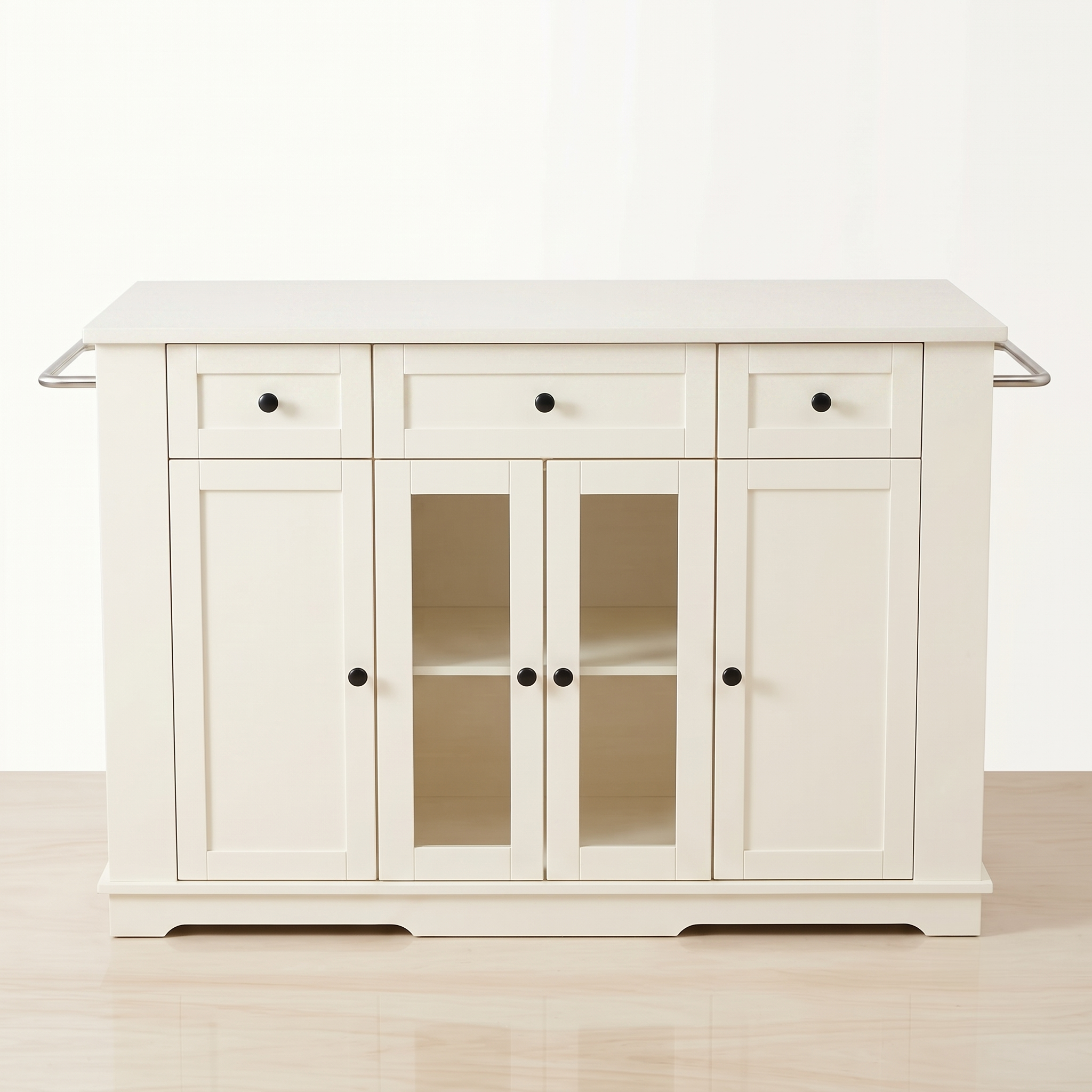 Premium Large White Kitchen Island & Buffet Sideboard with Glass Display Doors Main image