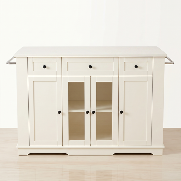 Premium Large White Kitchen Island & Buffet Sideboard with Glass Display Doors