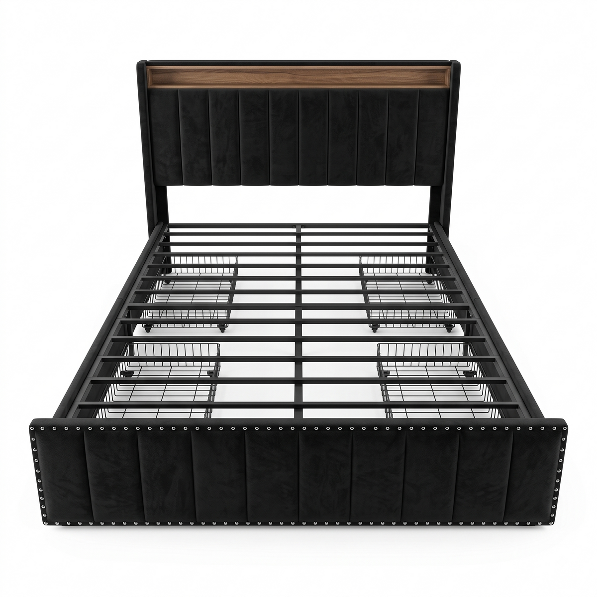 Premium Black Velvet Upholstered Platform Bed Frame with 4 Storage Drawers Main image