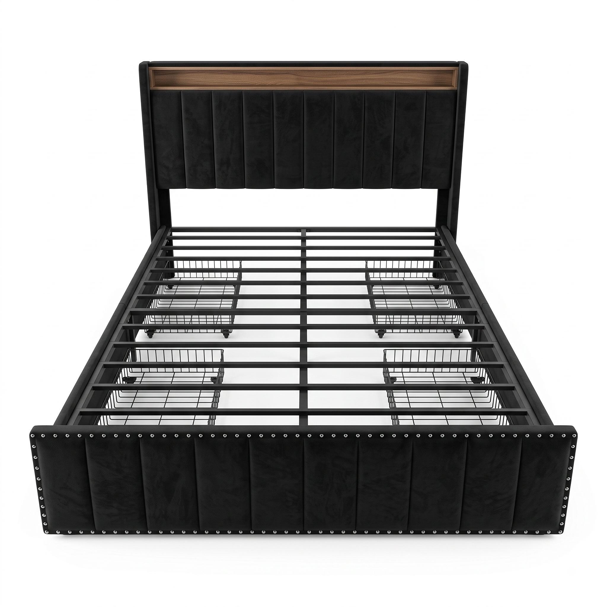 Premium Black Velvet Upholstered Platform Bed Frame with 4 Storage Drawers
