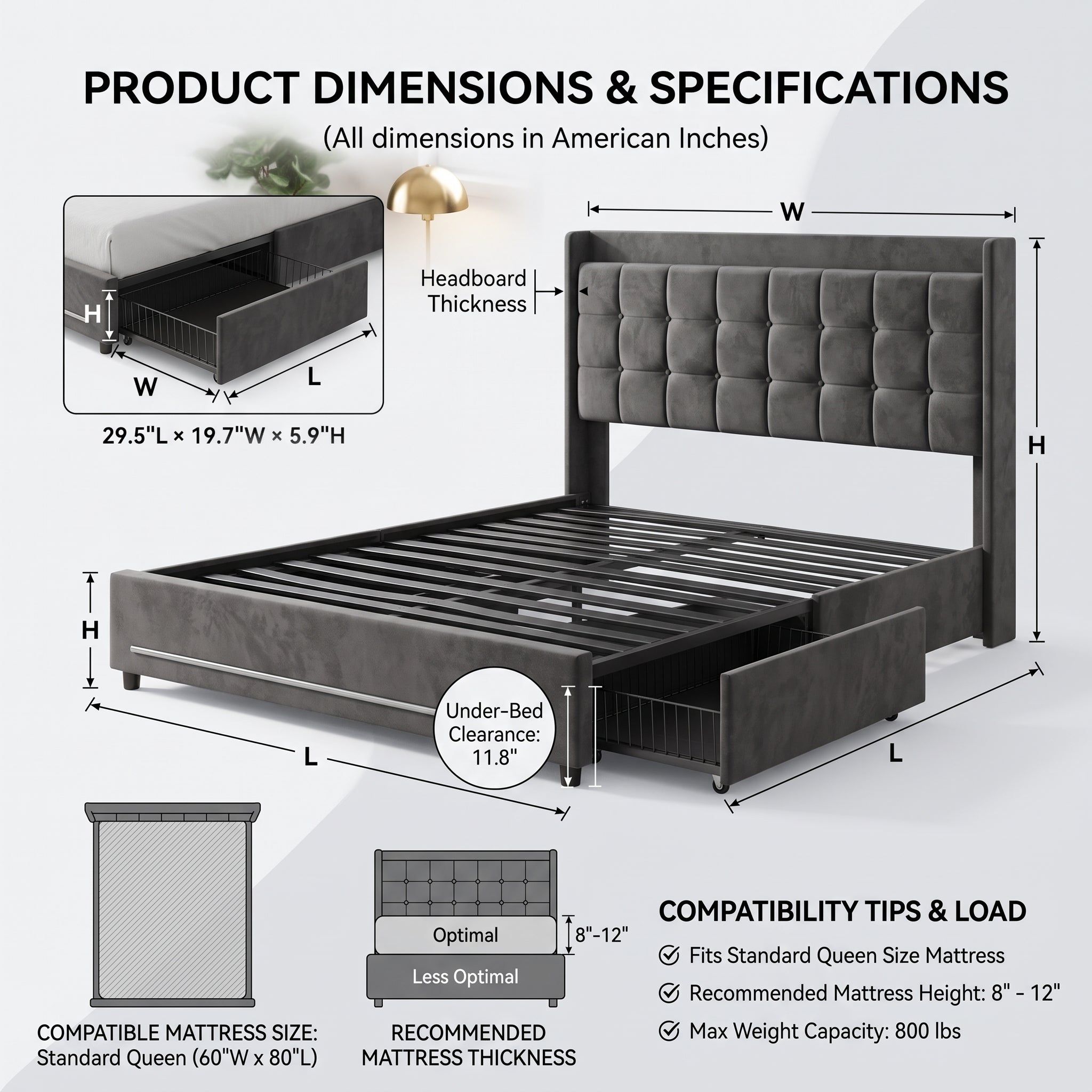MMK Furnishings Grey Velvet Upholstered Bed Frame with Storage Drawers & Tufted Headboard – [Queen/Full/King] Size, Slat Support Secondary image