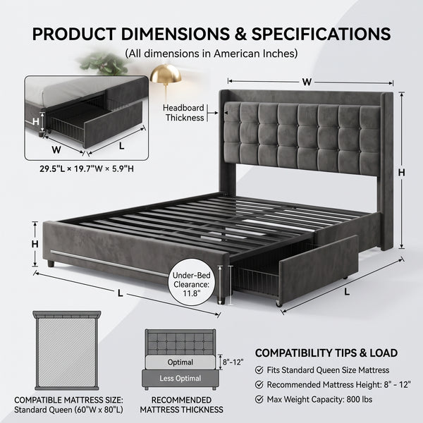 MMK Furnishings Grey Velvet Upholstered Bed Frame with Storage Drawers & Tufted Headboard – [Queen/Full/King] Size, Slat Support