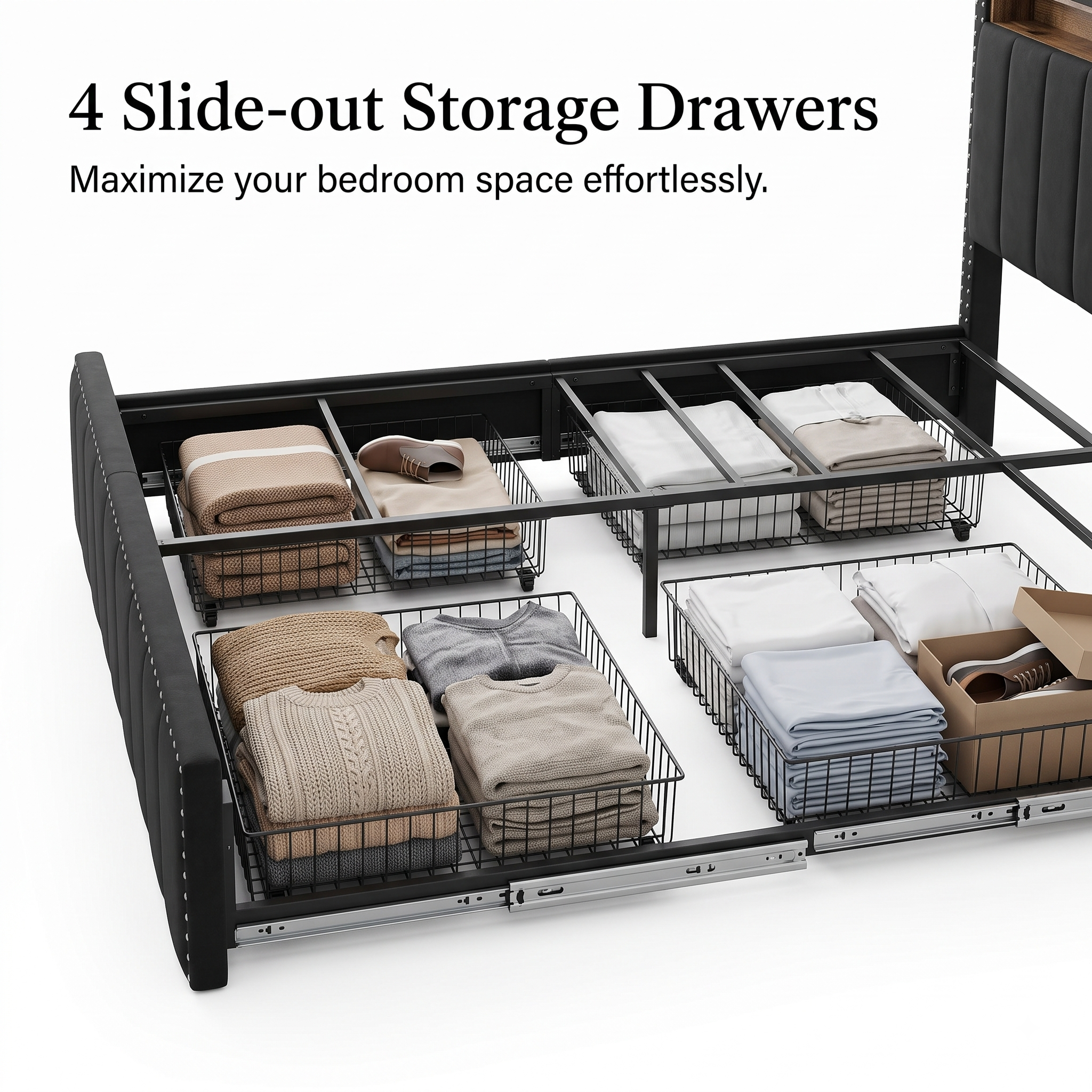 Premium Black Velvet Upholstered Platform Bed Frame with 4 Storage Drawers Secondary image