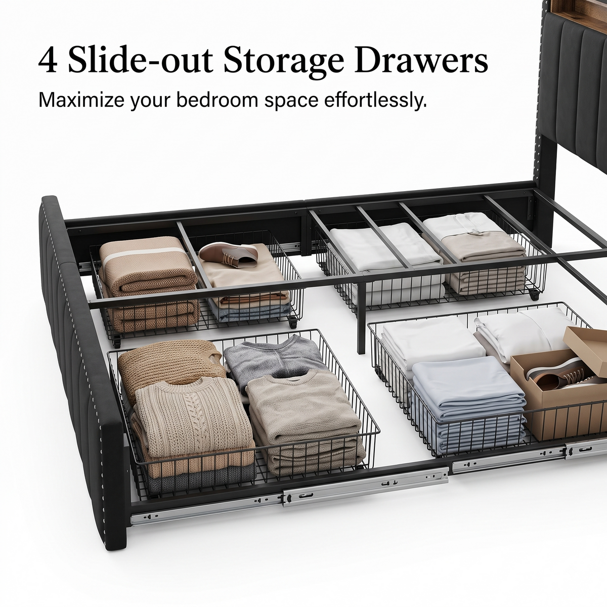 Premium Black Velvet Upholstered Platform Bed Frame with 4 Storage Drawers