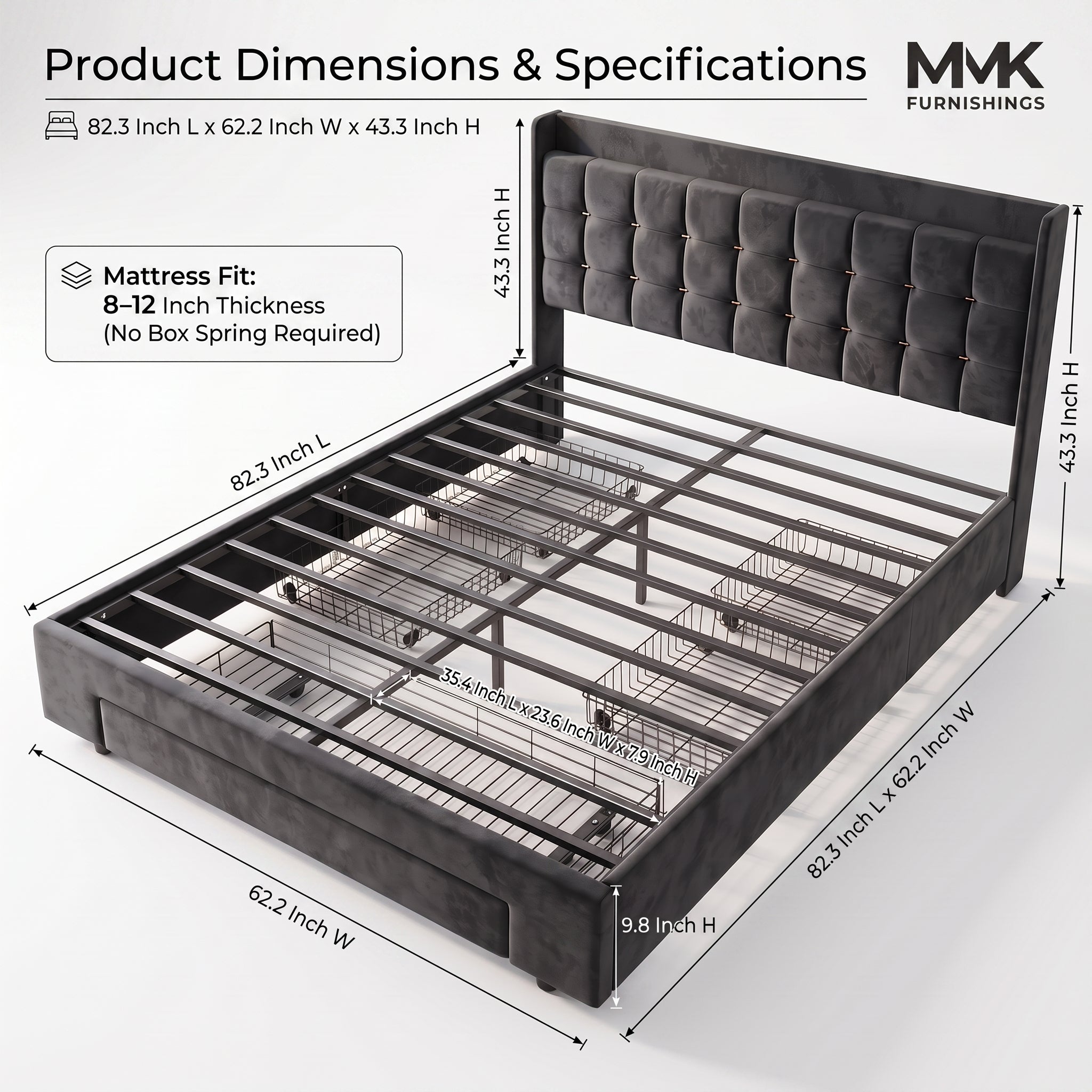 MMK FURNISHINGS Queen Velvet Platform Bed Frame – 4 Under-Bed Drawers Secondary image