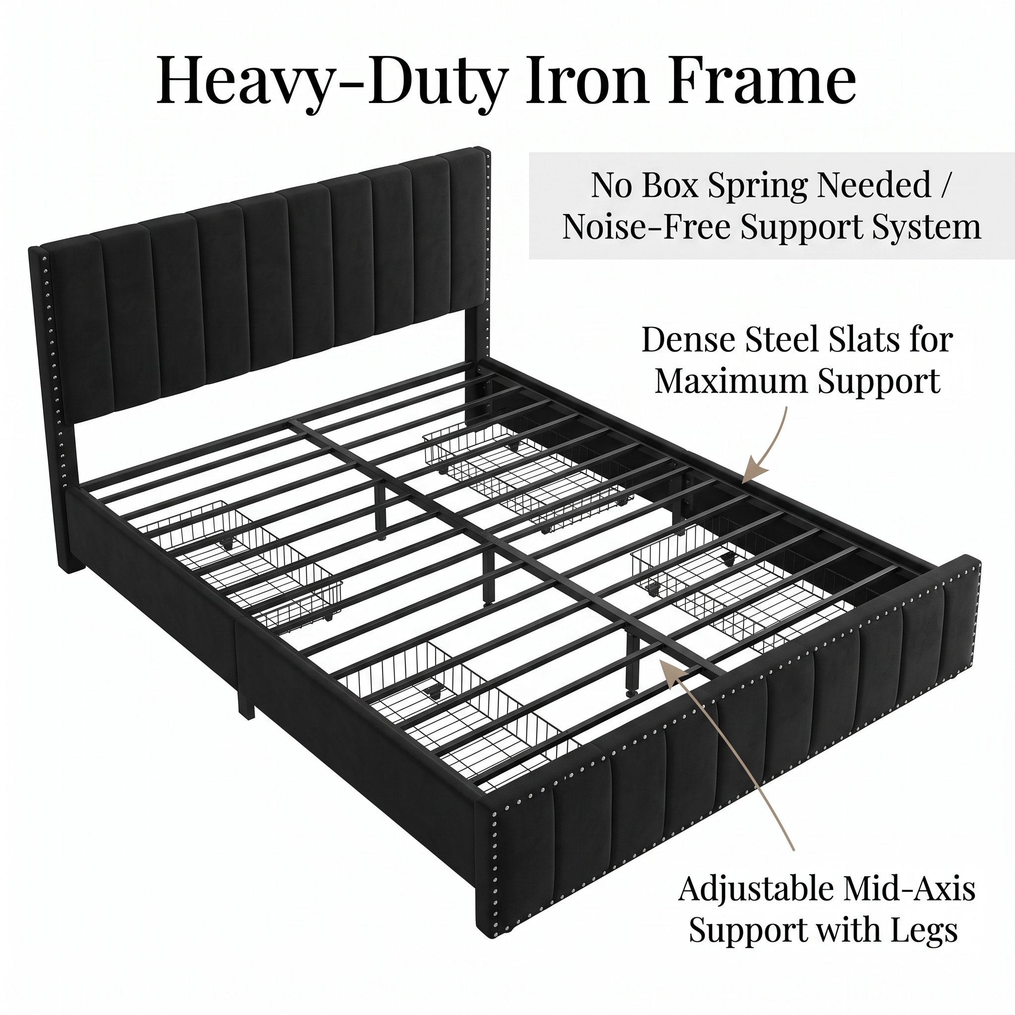 Premium Black Velvet Upholstered Platform Bed Frame with 4 Storage Drawers