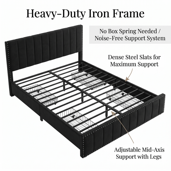 Premium Black Velvet Upholstered Platform Bed Frame with 4 Storage Drawers