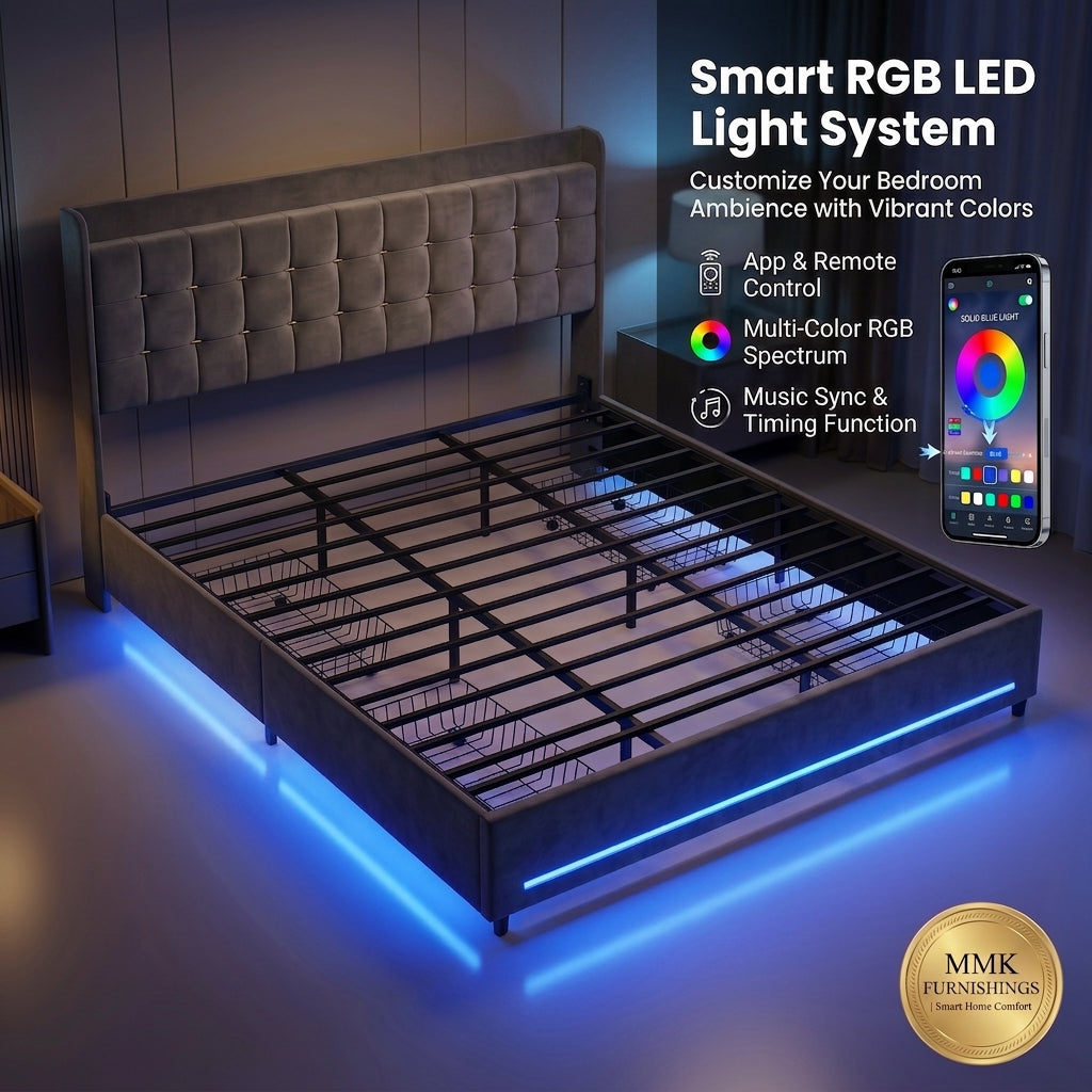 MMK FURNISHINGS Modern Velvet Upholstered Platform Bed Frame with Smart RGB LED Lights & 4 Storage Drawers, Heavy-Duty Steel Slat Support, No Box Spring Needed