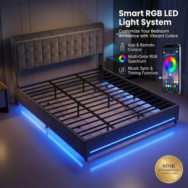MMK FURNISHINGS Modern Velvet Upholstered Platform Bed Frame with Smart RGB LED Lights & 4 Storage Drawers, Heavy-Duty Steel Slat Support, No Box Spring Needed