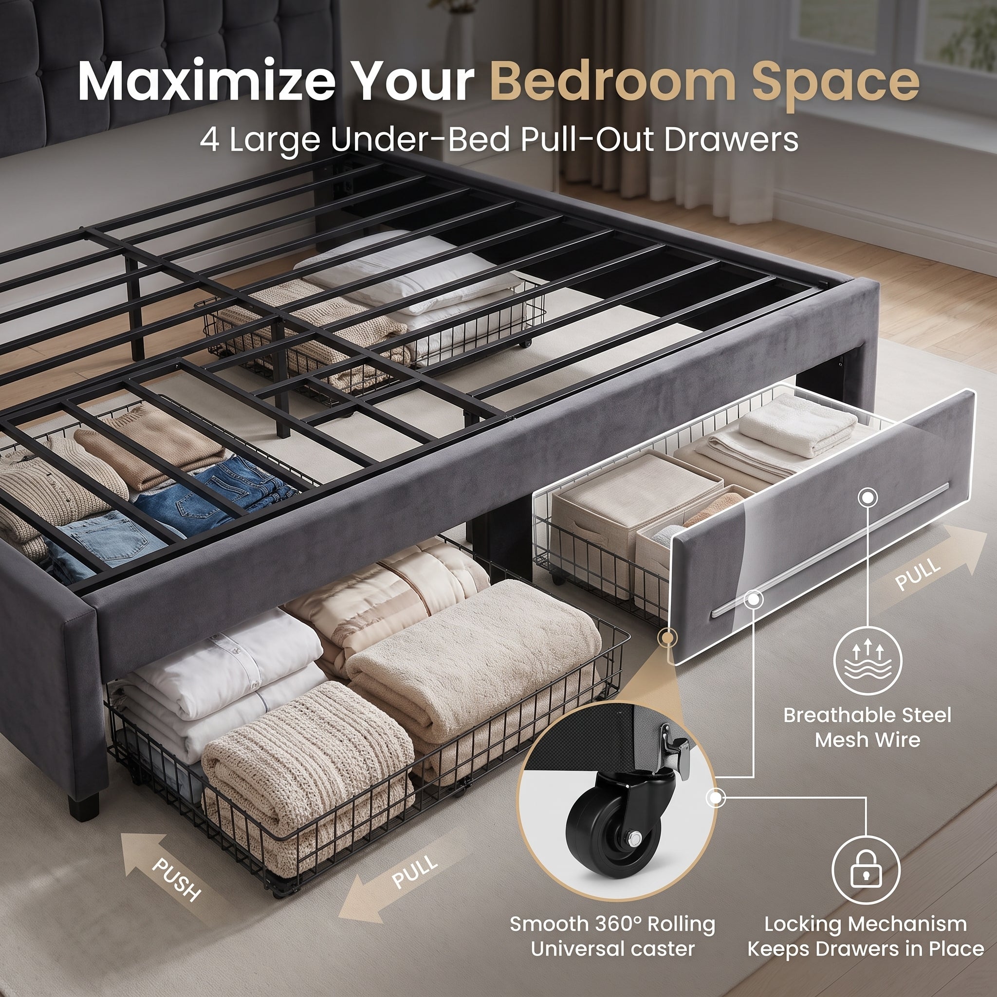 MMK Furnishings Grey Velvet Upholstered Bed Frame with Storage Drawers & Tufted Headboard – [Queen/Full/King] Size, Slat Support