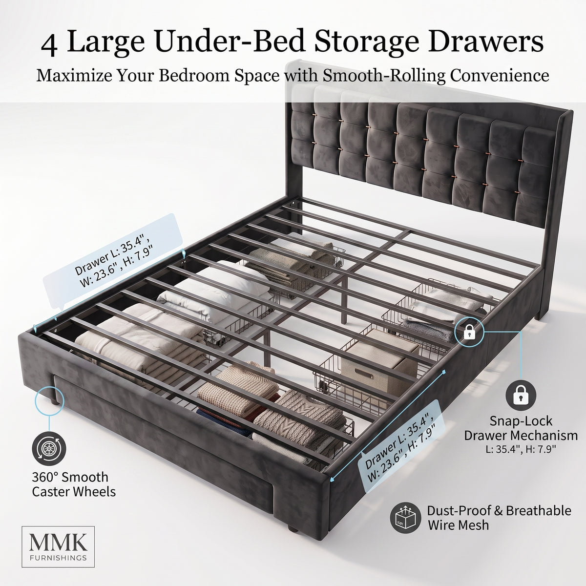 MMK FURNISHINGS Queen Velvet Platform Bed Frame – 4 Under-Bed Drawers