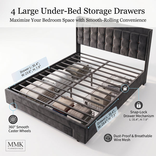 MMK FURNISHINGS Queen Velvet Platform Bed Frame – 4 Under-Bed Drawers