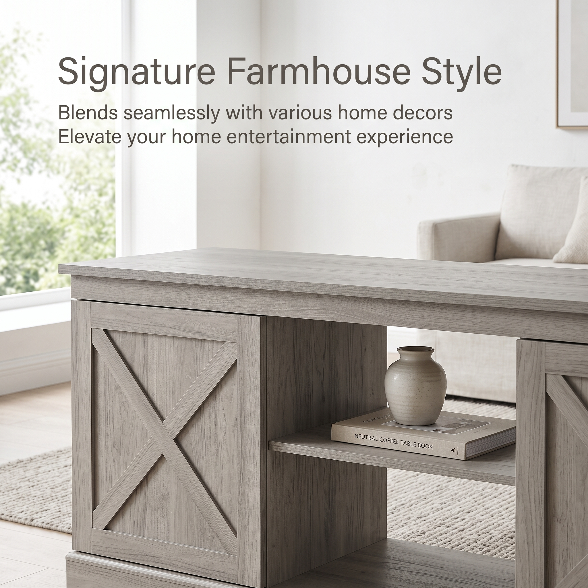 Modern Farmhouse Wood TV Stand with Storage Cabinets Secondary image