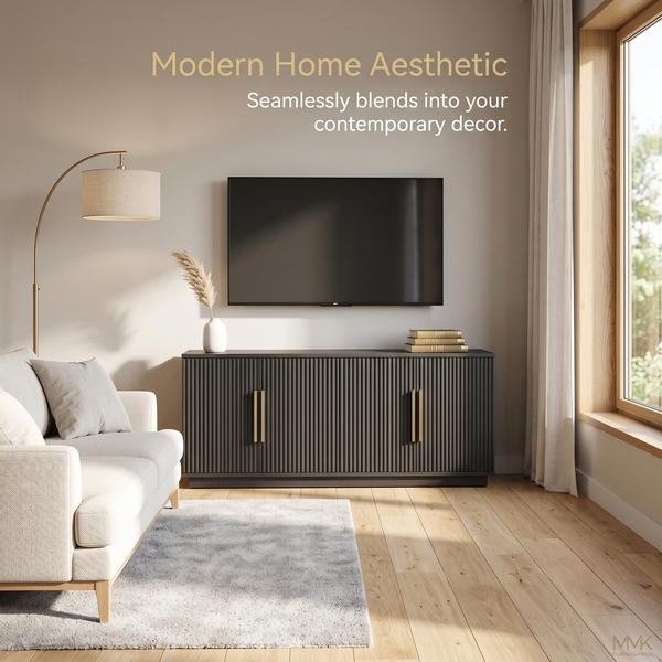 MMK FURNISHINGS Modern Fluted TV Stand with Gold Handles, Black Ribbed Wood Media Console & Entertainment Center