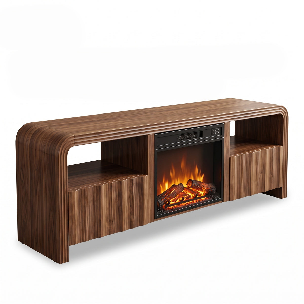Premium Mid-Century Modern Walnut TV Stand with Built-In Electric Fireplace & Fluted Doors Main image