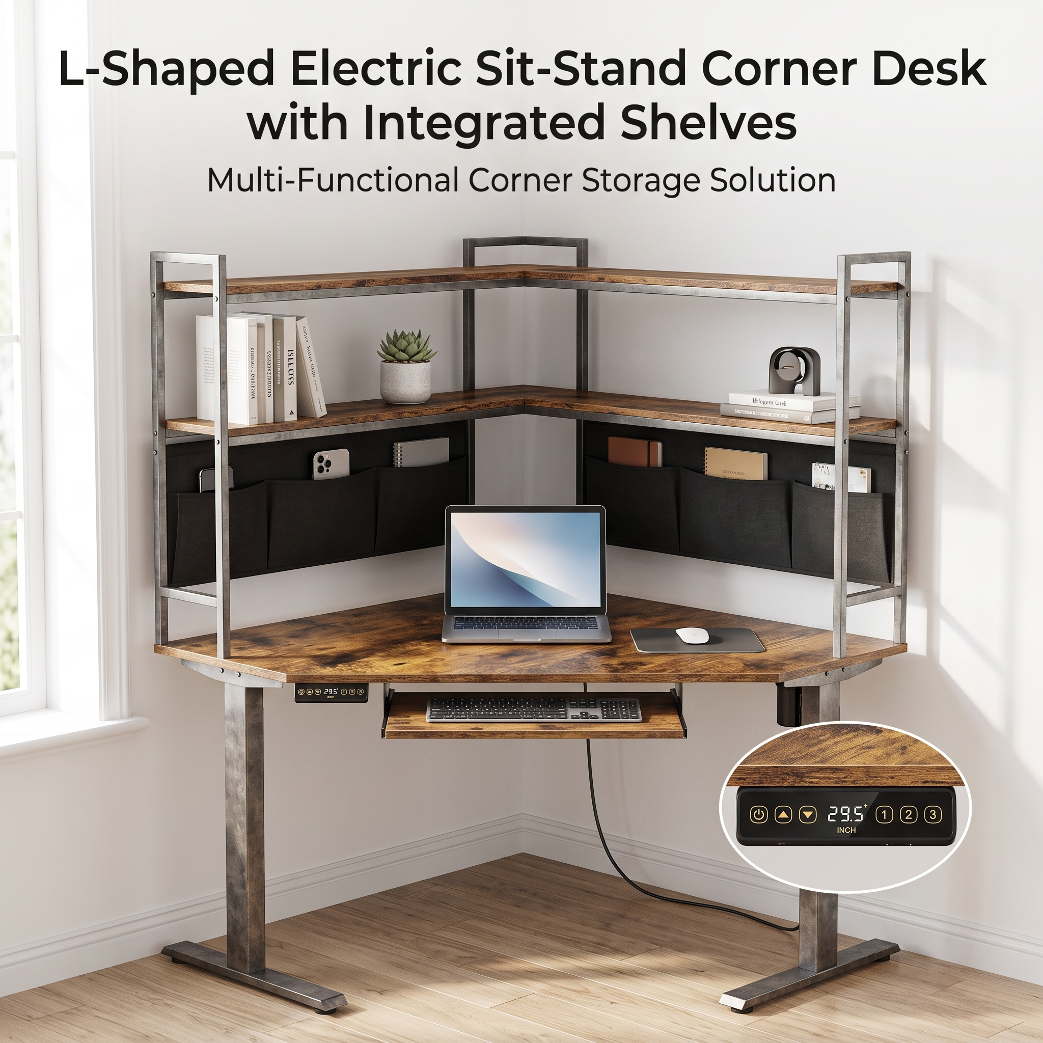 L-Shaped Electric Sit-Stand Corner Desk with Integrated Shelves & Fabric Storage Pockets