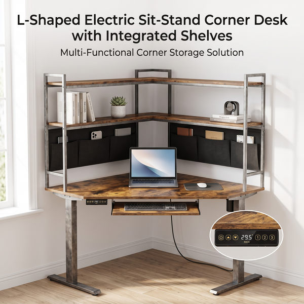 L-Shaped Electric Sit-Stand Corner Desk with Integrated Shelves & Fabric Storage Pockets