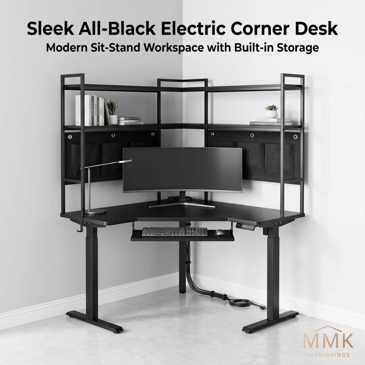 Sleek All-Black L-Shaped Electric Sit-Stand Corner Desk with Integrated Shelves & Storage