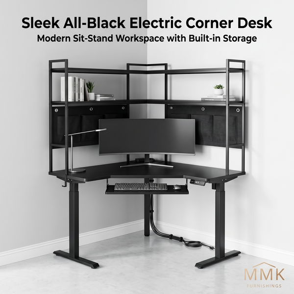 Sleek All-Black L-Shaped Electric Sit-Stand Corner Desk with Integrated Shelves & Storage