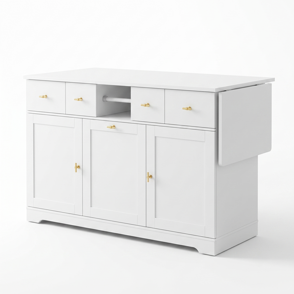 Premium Modern White Storage Cabinet & Kitchen Sideboard with Expandable Drop Leaf