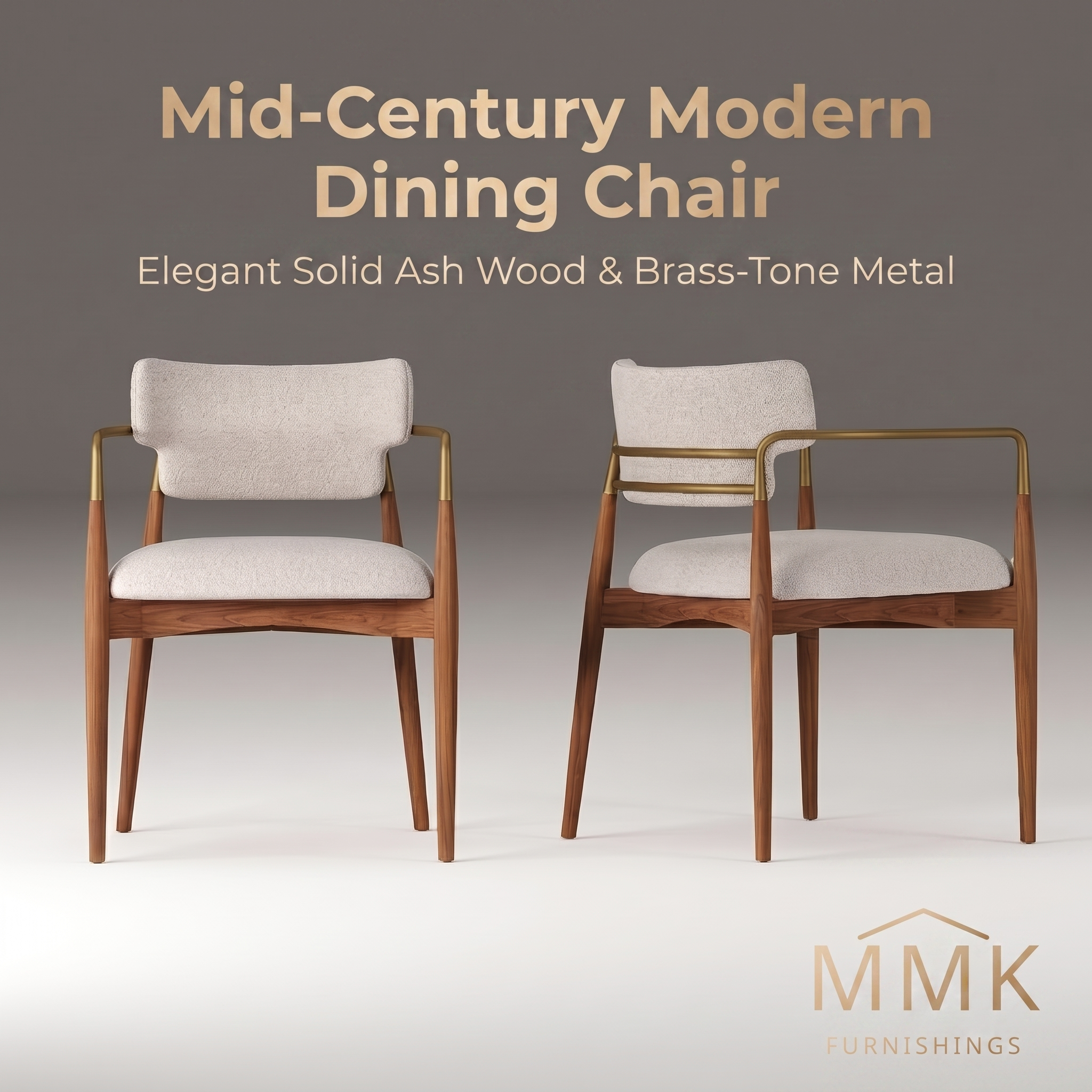 Premium Mid-Century Modern Dining Chair with Solid Ash Wood & Brass-Tone Metal