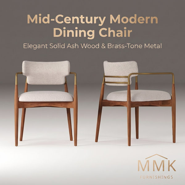 Premium Mid-Century Modern Dining Chair with Solid Ash Wood & Brass-Tone Metal