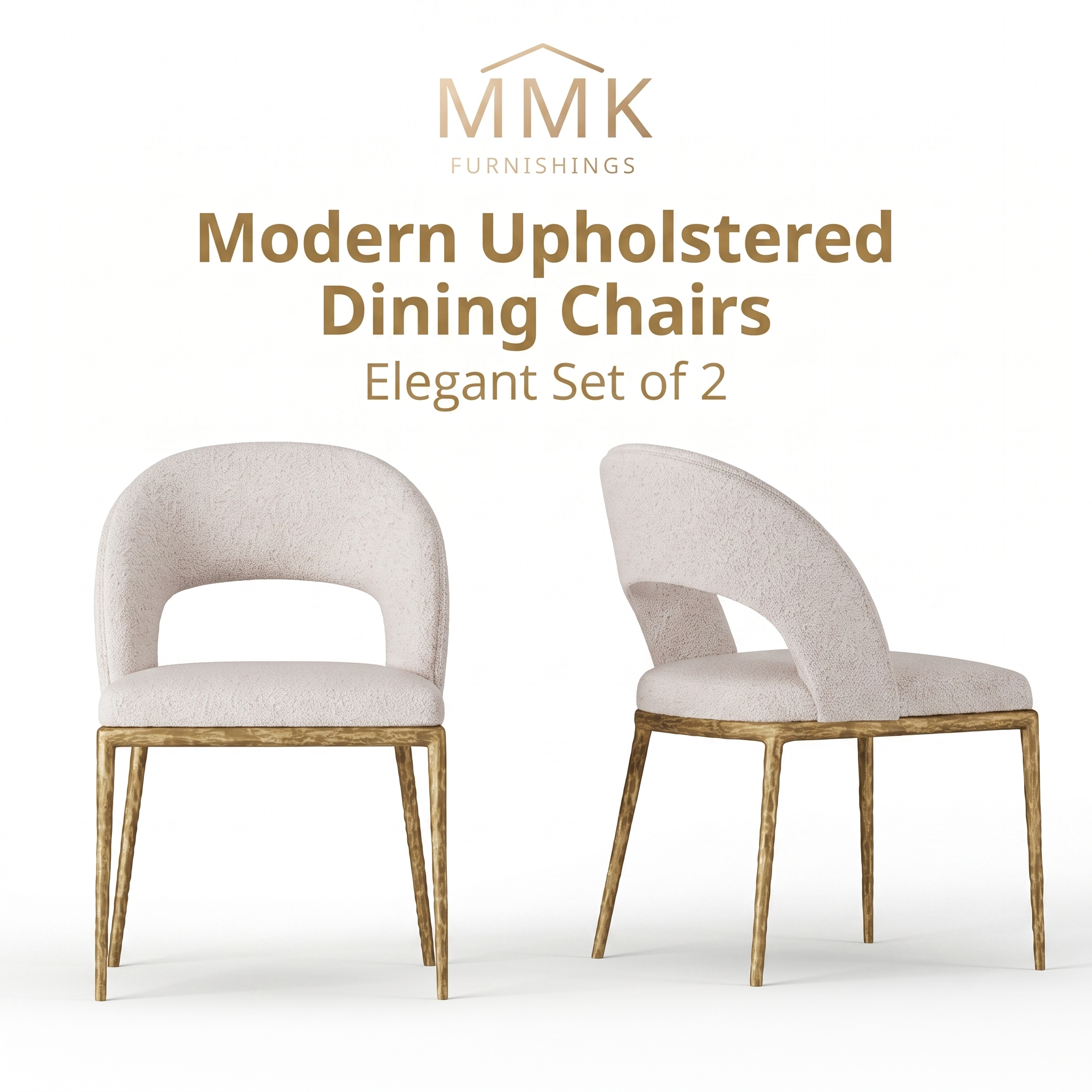 Premium Modern Upholstered Dining Chairs with Curved Cutout Back & Forged Gold Legs (Set of 2)