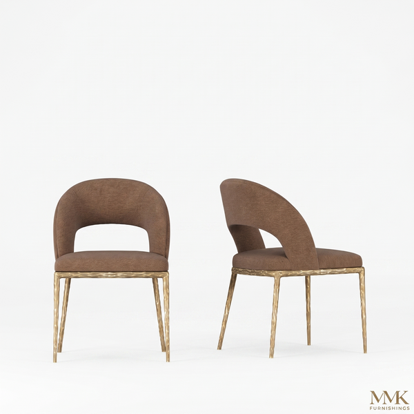 Premium Modern Upholstered Dining Chairs with Curved Cutout Back & Textured Gold Steel Legs (Set of 2)