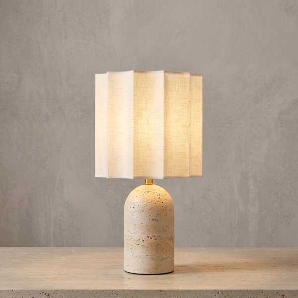 Modern Japandi Travertine Stone Desk Lamp with Pleated Fabric Shade