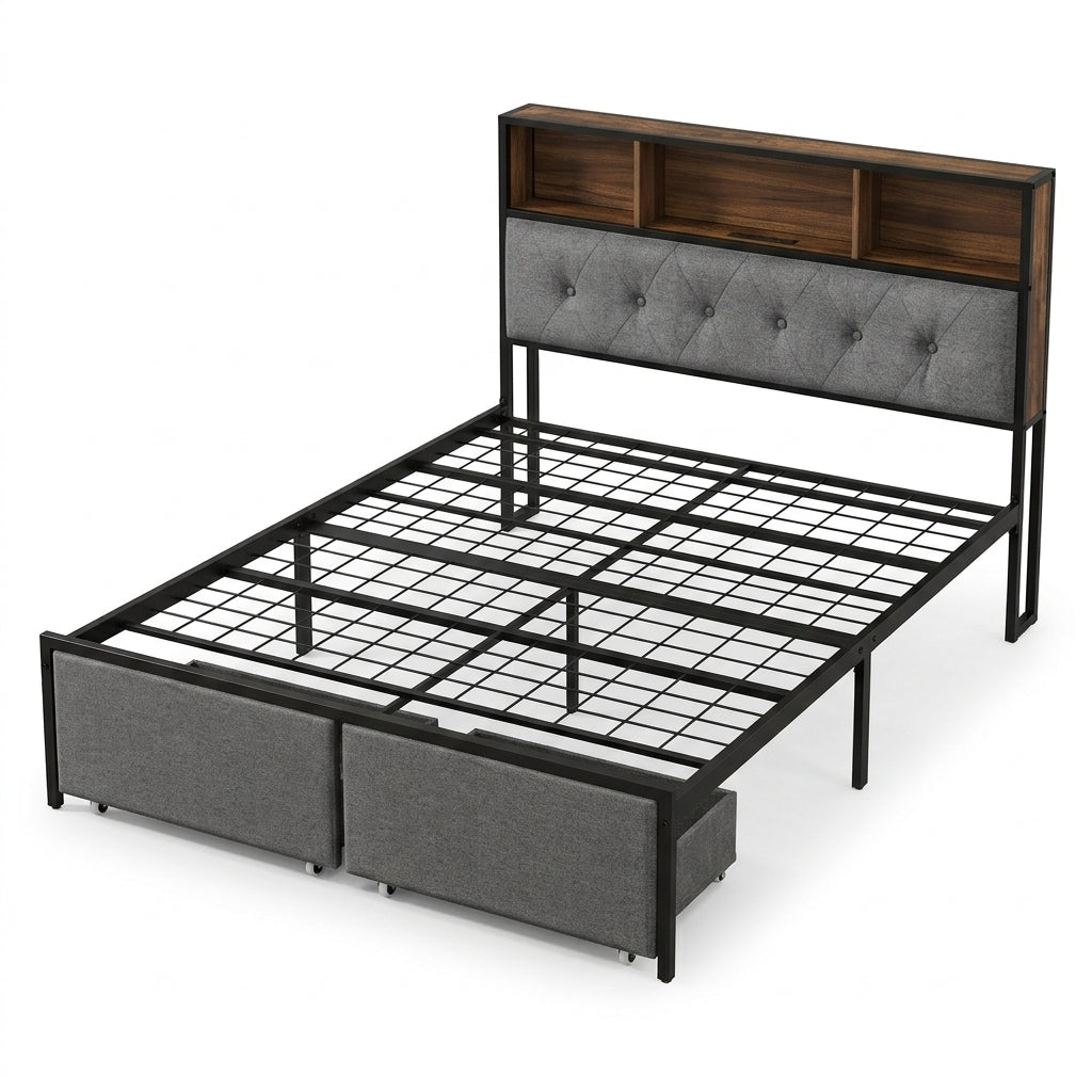 Full Size Upholstered Platform Bed Frame with LED Lights, Storage Headboard & Charging Station Main image