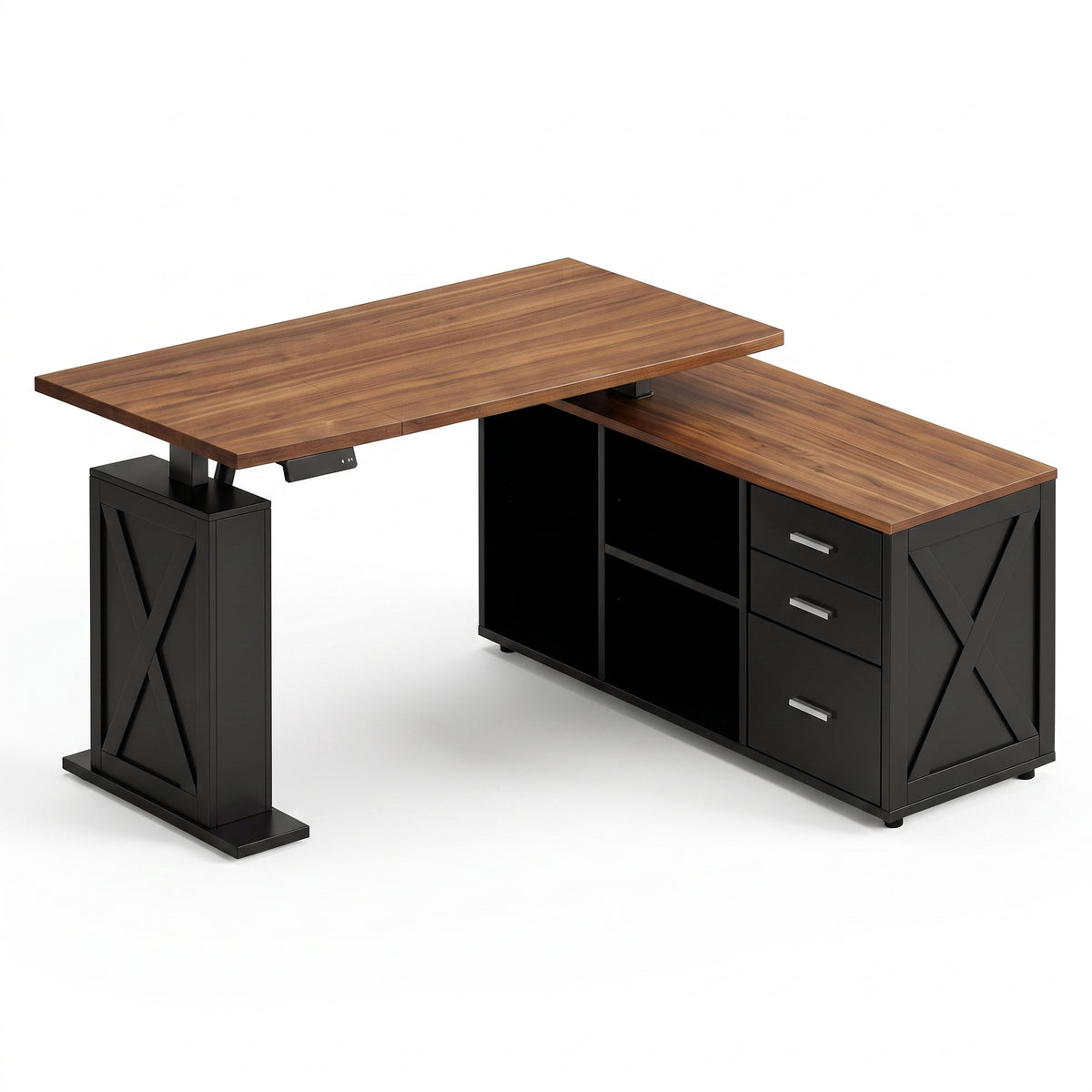 Premium 55" Two-Tone Farmhouse L-Shaped Standing Desk with Lift Mechanism & Storage Main image