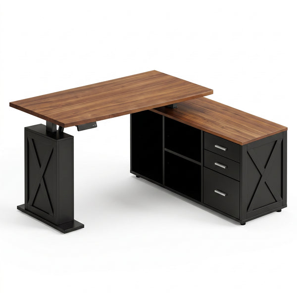 Premium 55" Two-Tone Farmhouse L-Shaped Standing Desk with Lift Mechanism & Storage