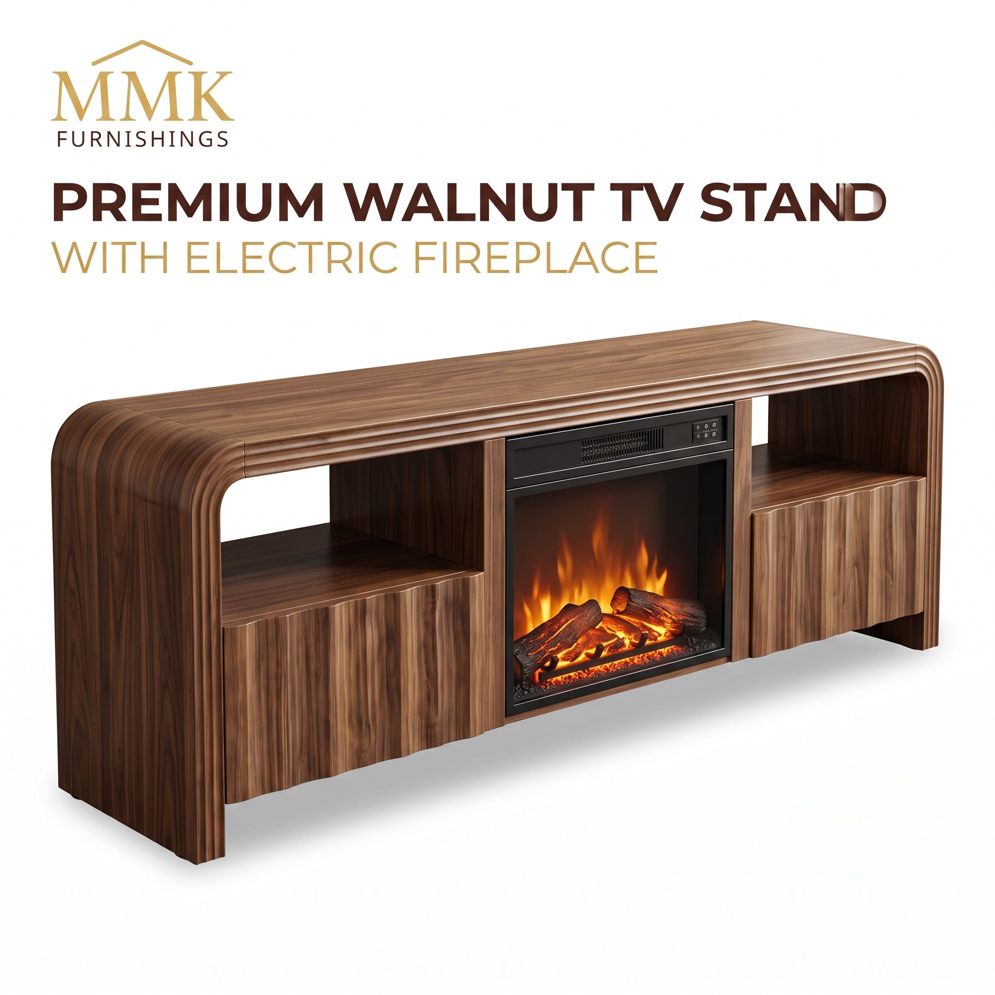 Premium Mid-Century Modern Walnut TV Stand with Built-In Electric Fireplace & Fluted Doors Secondary image