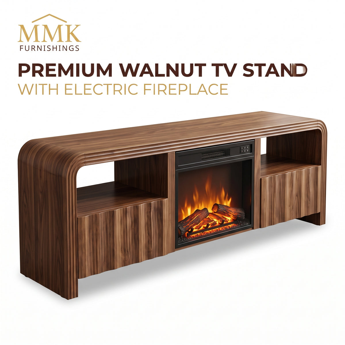 Premium Mid-Century Modern Walnut TV Stand with Built-In Electric Fireplace & Fluted Doors