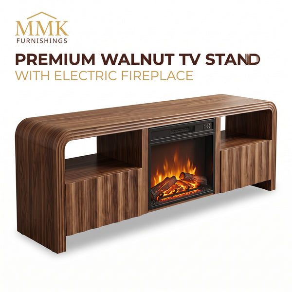 Premium Mid-Century Modern Walnut TV Stand with Built-In Electric Fireplace & Fluted Doors