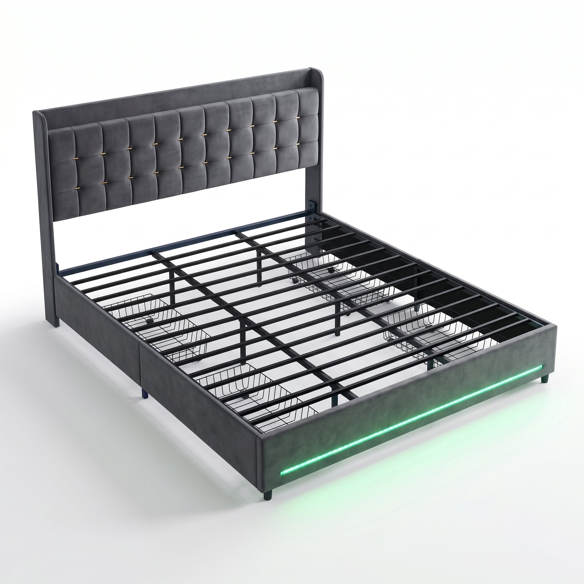 MMK FURNISHINGS Modern Velvet Upholstered Platform Bed Frame with Smart RGB LED Lights & 4 Storage Drawers, Heavy-Duty Steel Slat Support, No Box Spring Needed Secondary image
