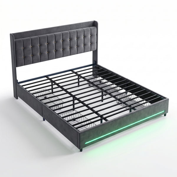 MMK Modern Velvet Bed Frame with LED & Storage