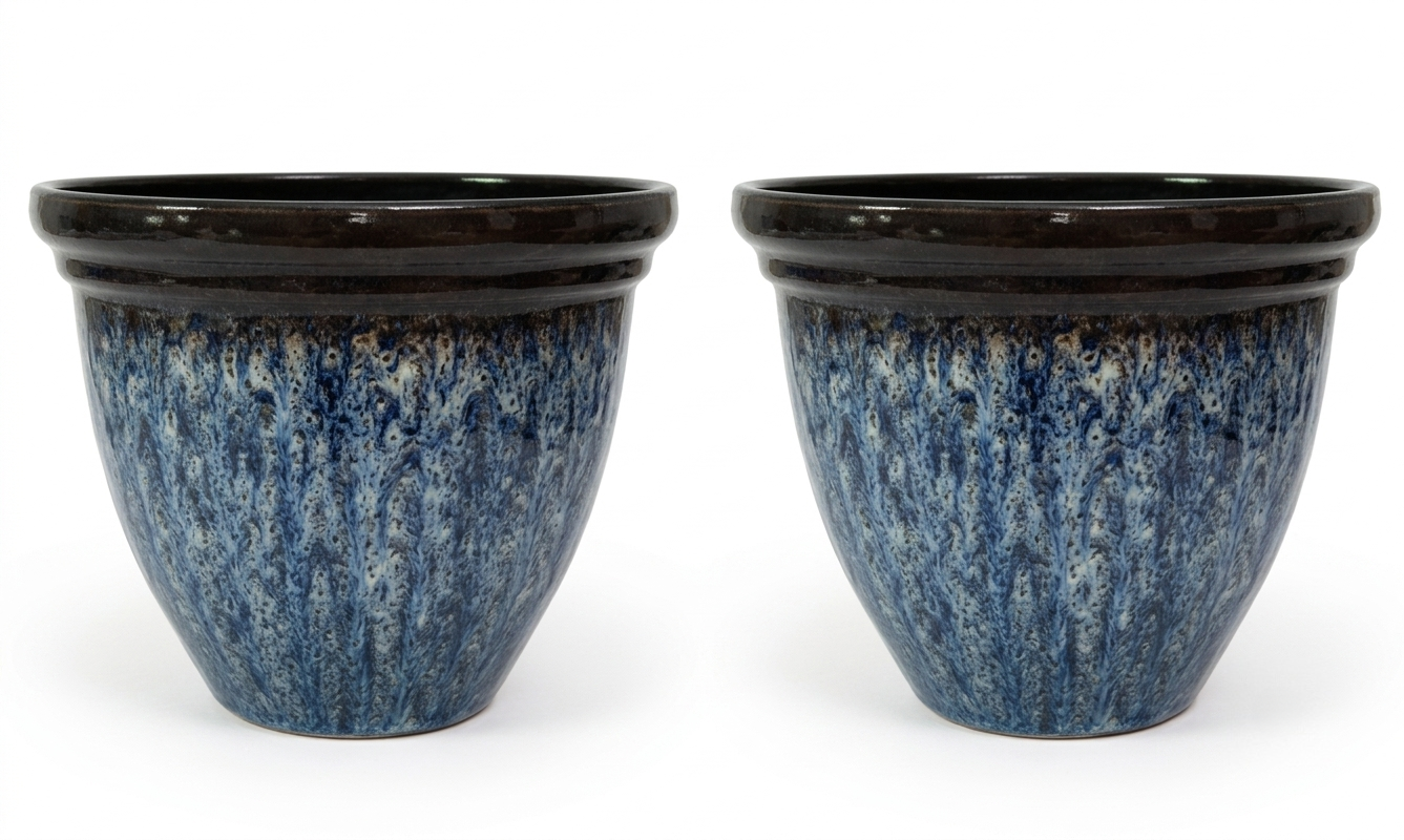 Premium 15.7" Round Plastic Planter – Blue Glaze Faux Ceramic Finish Main image