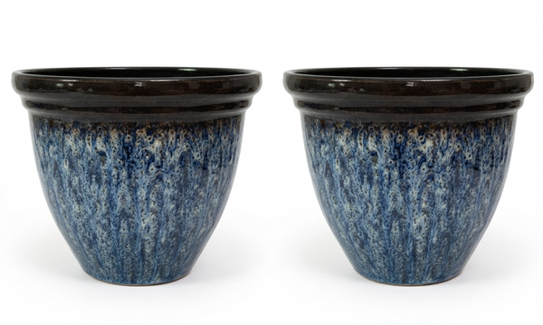 Premium 15.7" Round Plastic Planter – Blue Glaze Faux Ceramic Finish