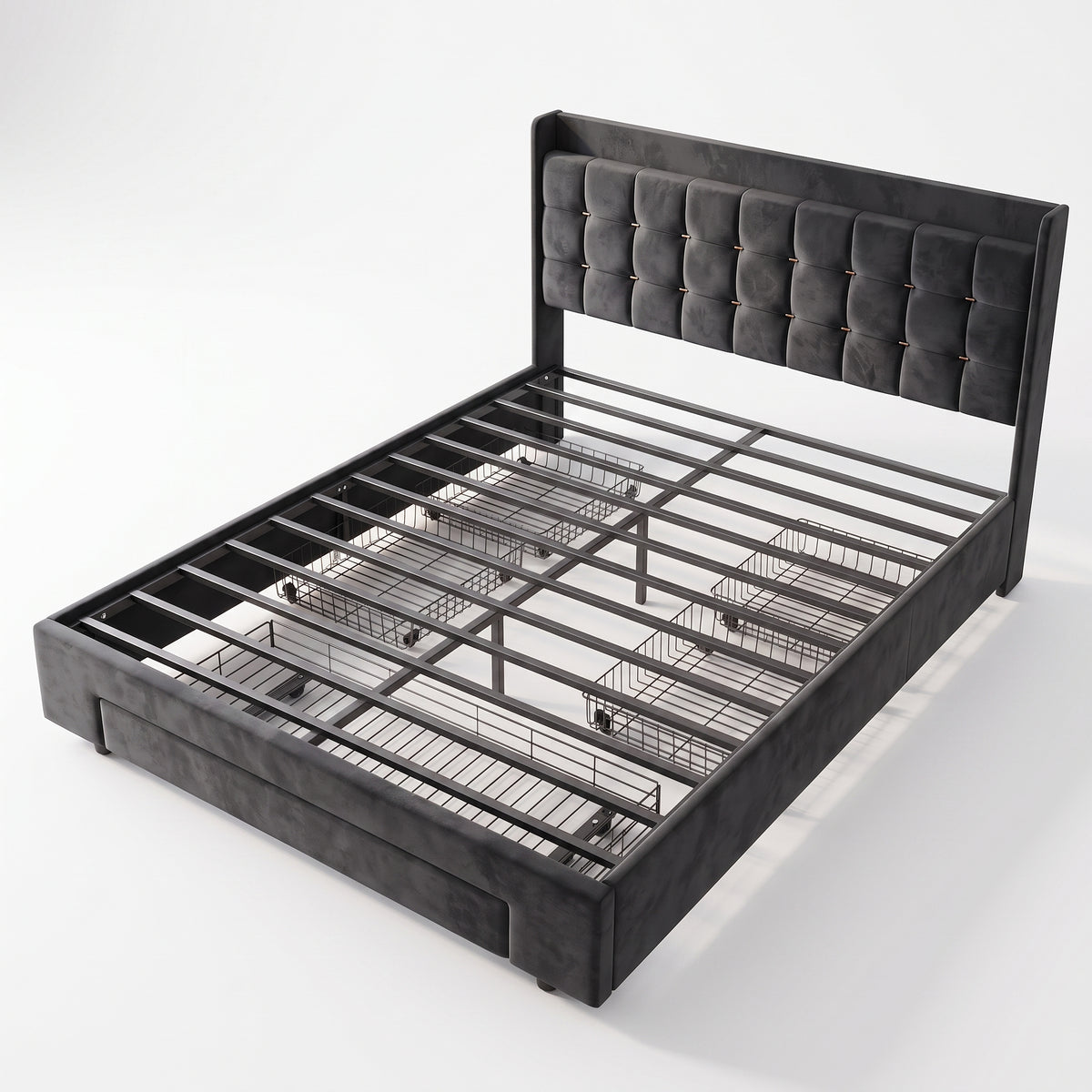 MMK FURNISHINGS Modern Upholstered Platform Bed Frame with 4 Storage Drawers, Geometric Tufted Velvet Headboard & Steel Slat Support, No Box Spring Needed