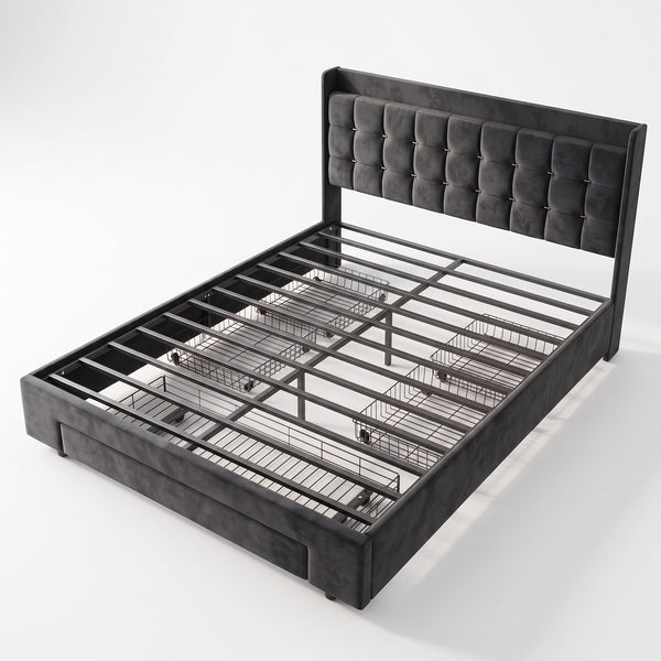 MMK FURNISHINGS Modern Upholstered Platform Bed Frame with 4 Storage Drawers, Geometric Tufted Velvet Headboard & Steel Slat Support, No Box Spring Needed
