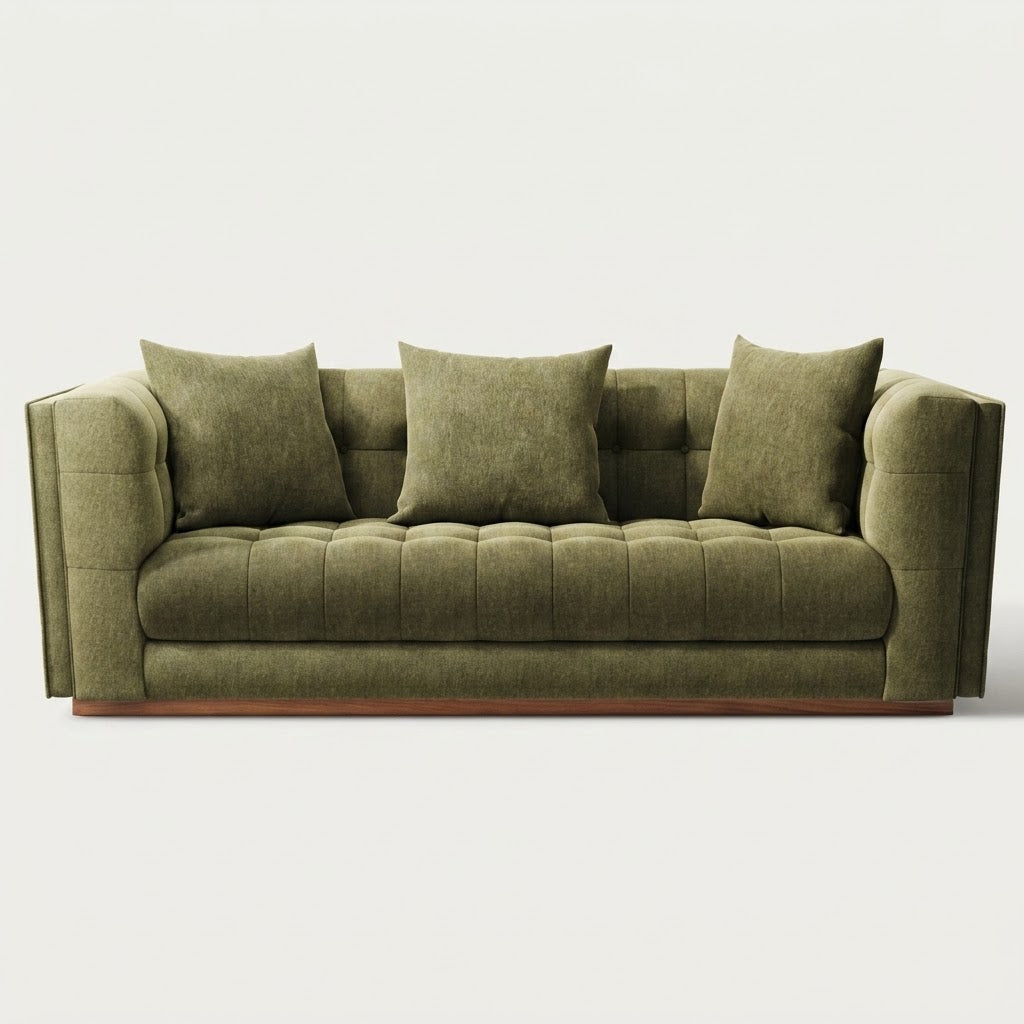 Modern Olive Green Tufted Fabric Sofa with Solid Wood Base Main image