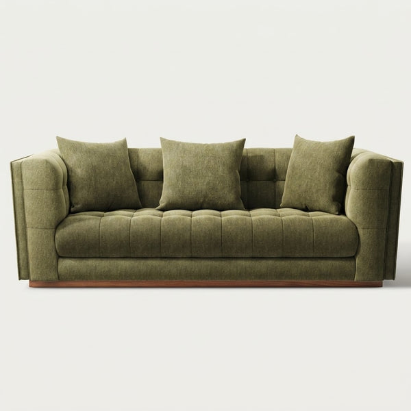 Modern Olive Green Tufted Fabric Sofa with Solid Wood Base