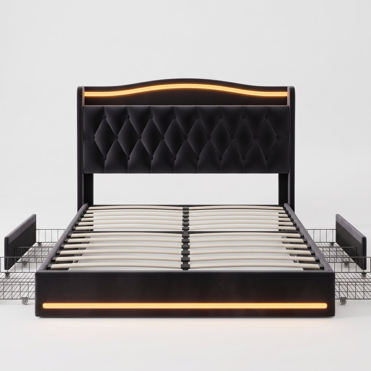 Luxurious Black Velvet Upholstered Bed Frame with LED Ambient Lighting, Headboard Shelf & Storage Drawers