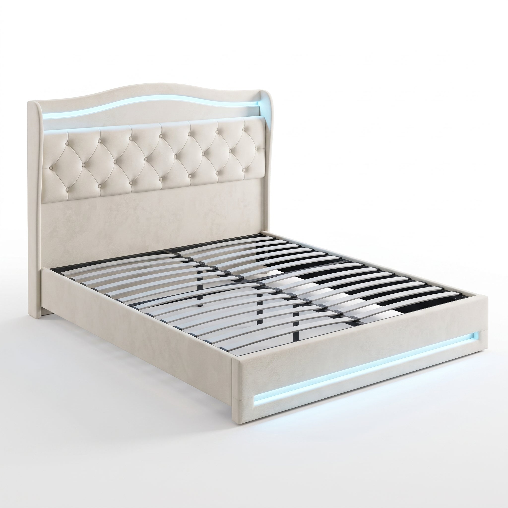 MMK FURNISHINGS Modern Upholstered Velvet Platform Bed Frame with LED Lights & Button-Tufted Headboard Main image