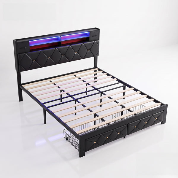MMK FURNISHINGS Modern Upholstered Platform Bed Frame with LED Lights & Storage Drawers, Faux Leather Tufted Headboard, No Box Spring Needed, Black