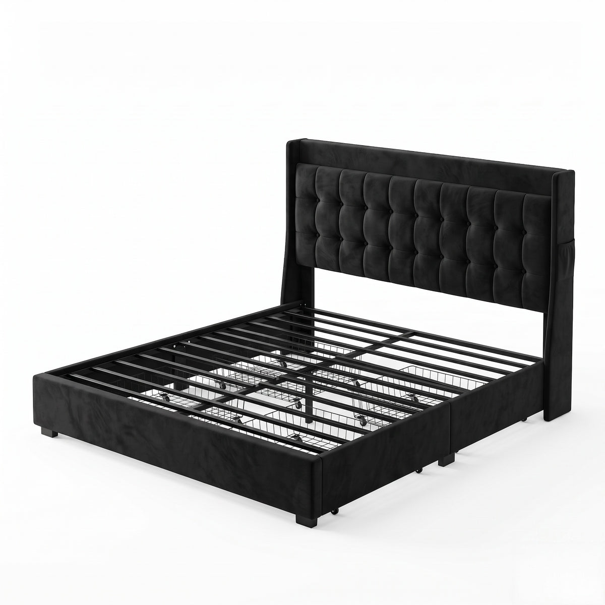 MMK FURNISHINGS Modern Black Velvet Upholstered Bed Frame with Storage Drawers & Tufted Headboard