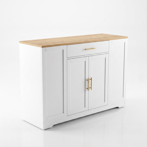 MMK FURNISHINGS Modern White Buffet Cabinet with Wood Top & Gold Hardware, Freestanding Storage Sideboard for Kitchen & Dining Room